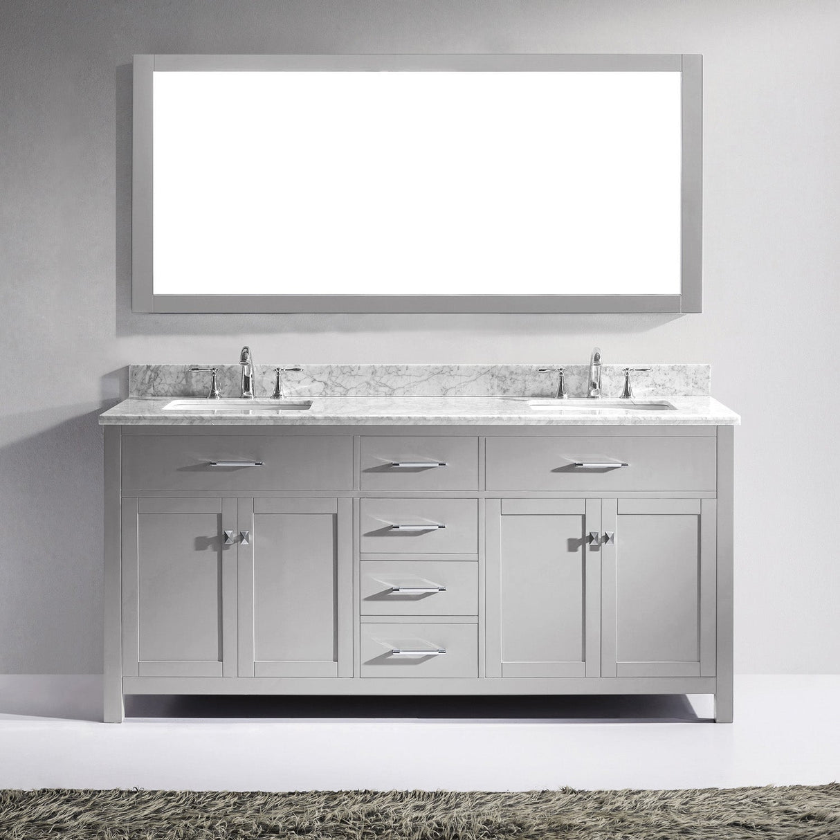 Virtu USA Caroline 72" Double Bath Vanity with White Marble Top and Square Sinks with Polished Chrome Faucets with Matching Mirror