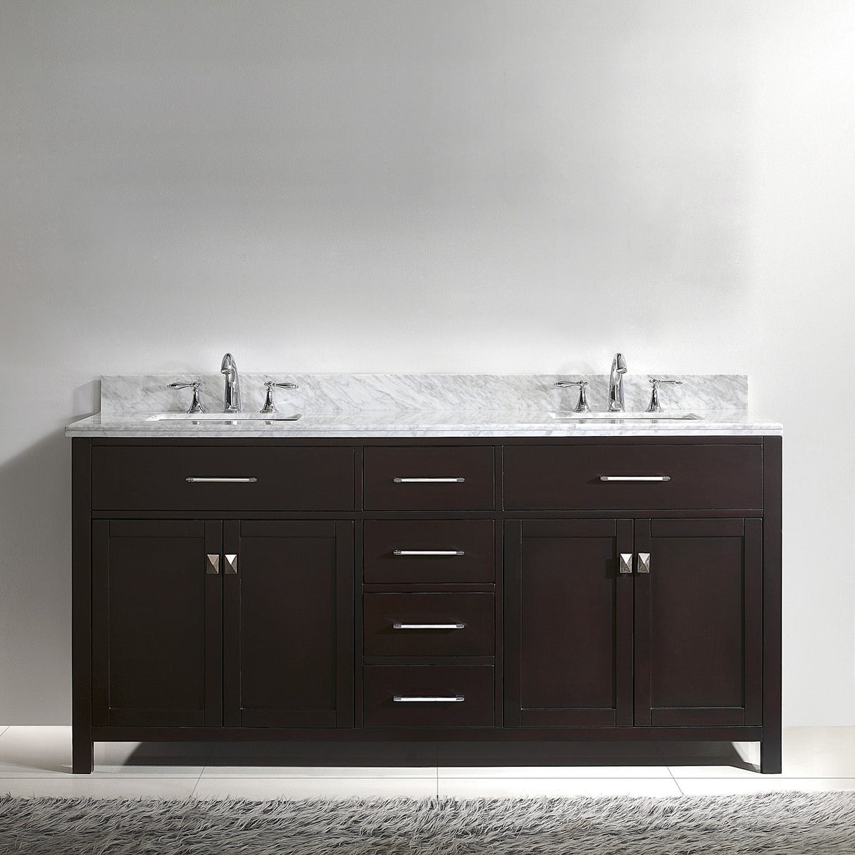 Virtu USA Caroline 72" Double Bath Vanity with White Marble Top and Square Sinks with Brushed Nickel Faucets