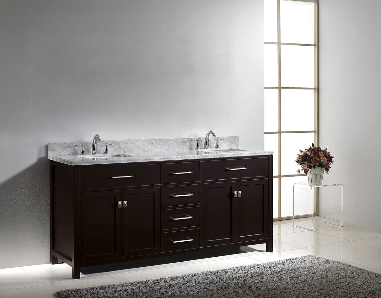 Virtu USA Caroline 72" Double Bath Vanity with White Marble Top and Square Sinks with Brushed Nickel Faucets