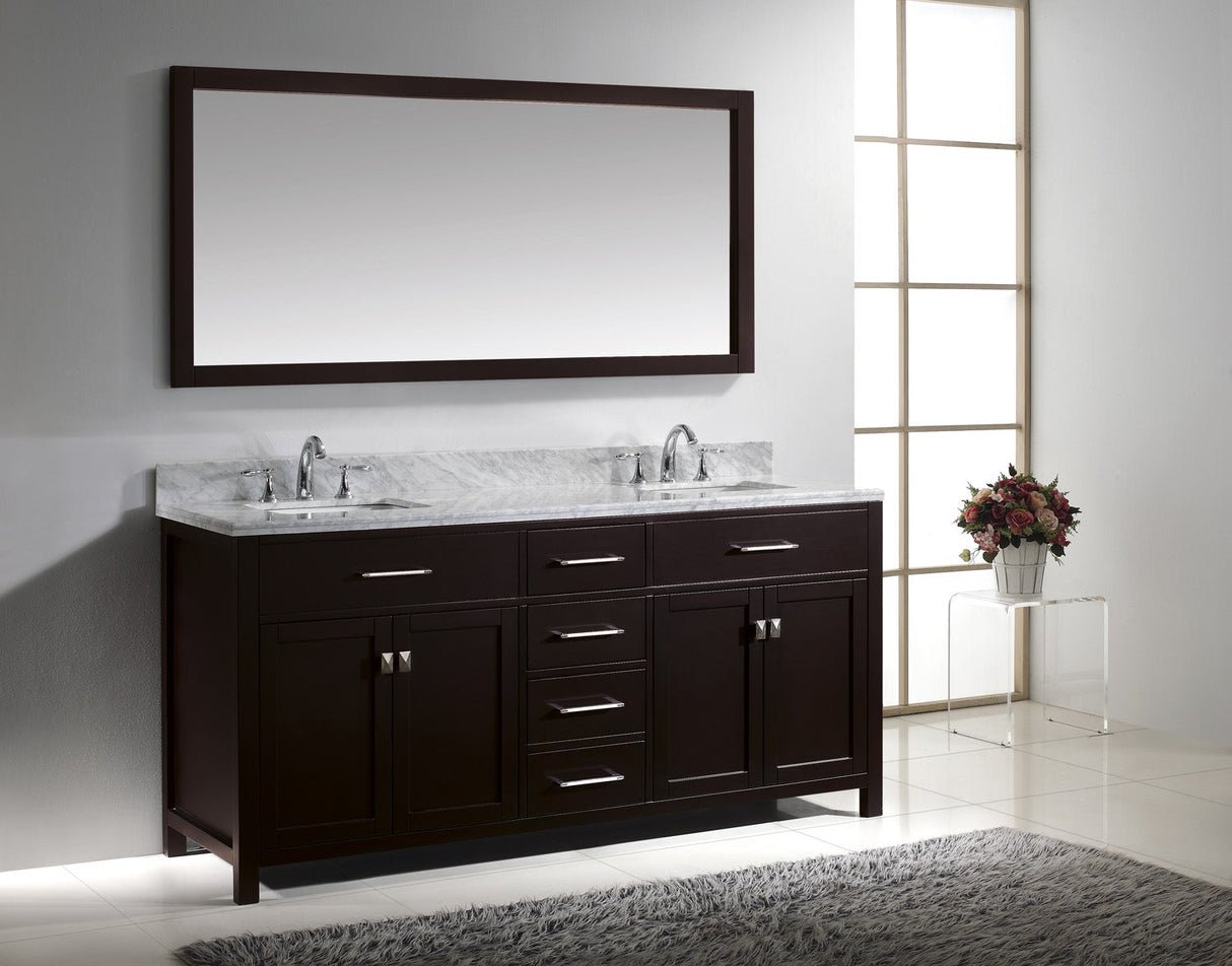 Virtu USA Caroline 72" Double Bath Vanity with White Marble Top and Square Sinks with Polished Chrome Faucets with Matching Mirror