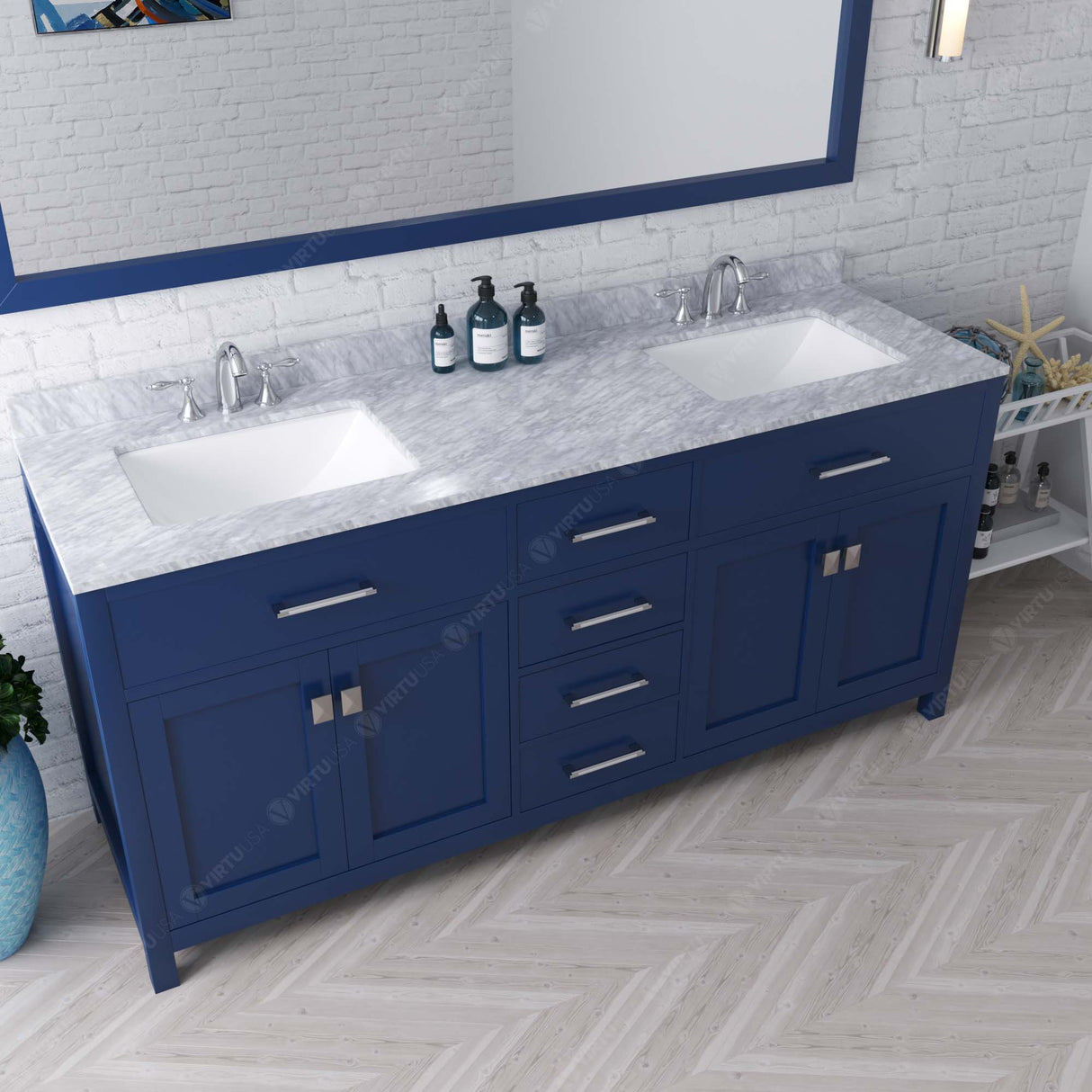 Virtu USA Caroline 72" Double Bath Vanity with White Marble Top and Square Sinks with Matching Mirror