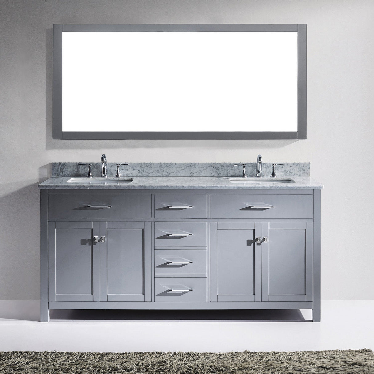 Virtu USA Caroline 72" Double Bath Vanity with White Marble Top and Square Sinks with Brushed Nickel Faucets with Matching Mirror