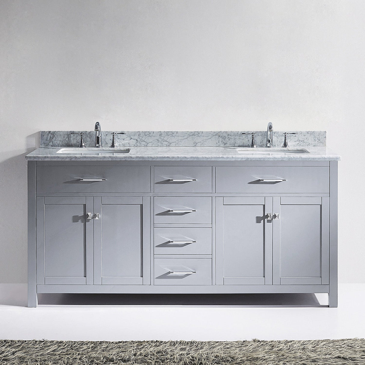 Virtu USA Caroline 72" Double Bath Vanity with White Marble Top and Square Sinks with Brushed Nickel Faucets