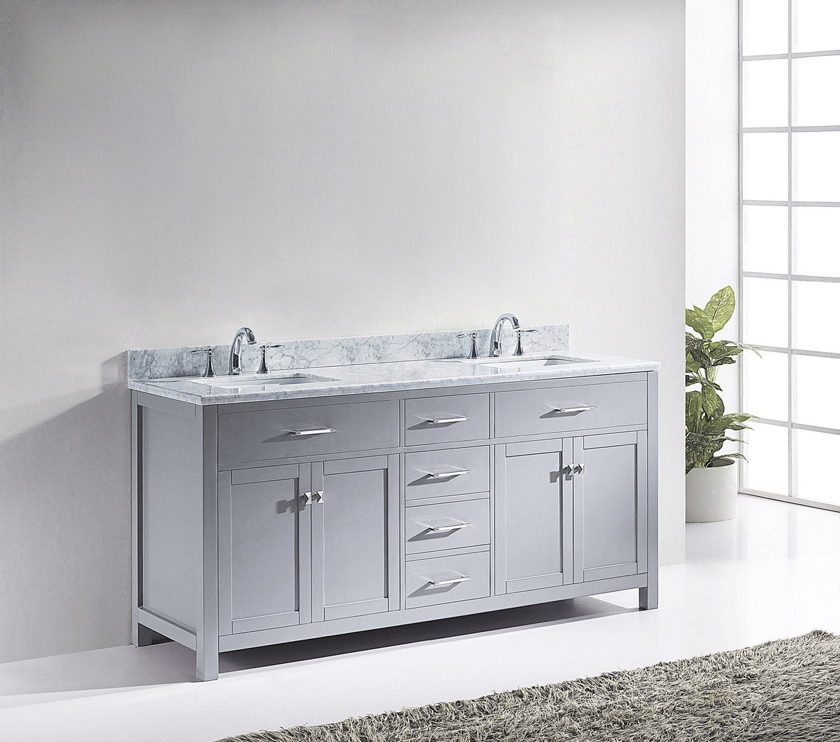 Virtu USA Caroline 72" Double Bath Vanity with White Marble Top and Square Sinks with Brushed Nickel Faucets