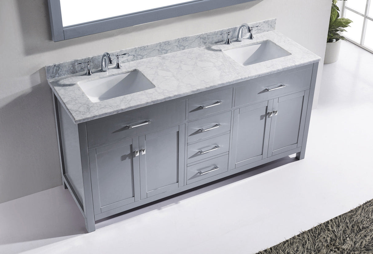 Virtu USA Caroline 72" Double Bath Vanity with White Marble Top and Square Sinks with Polished Chrome Faucets with Matching Mirror