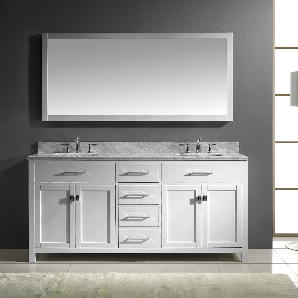 Virtu USA Caroline 72" Double Bath Vanity with White Marble Top and Square Sinks with Brushed Nickel Faucets with Matching Mirror