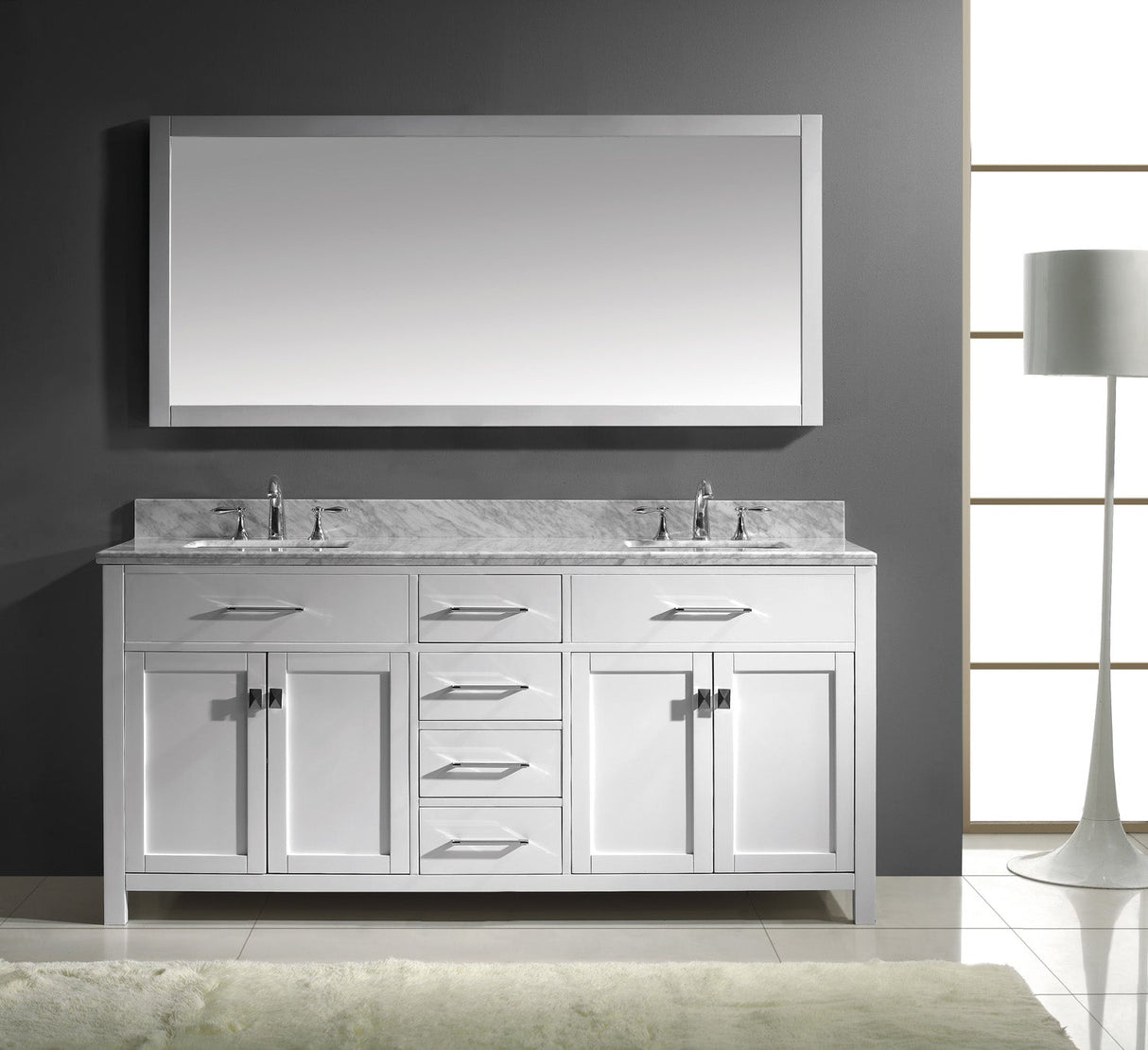 Virtu USA Caroline 72" Double Bath Vanity with White Marble Top and Square Sinks with Brushed Nickel Faucets with Matching Mirror