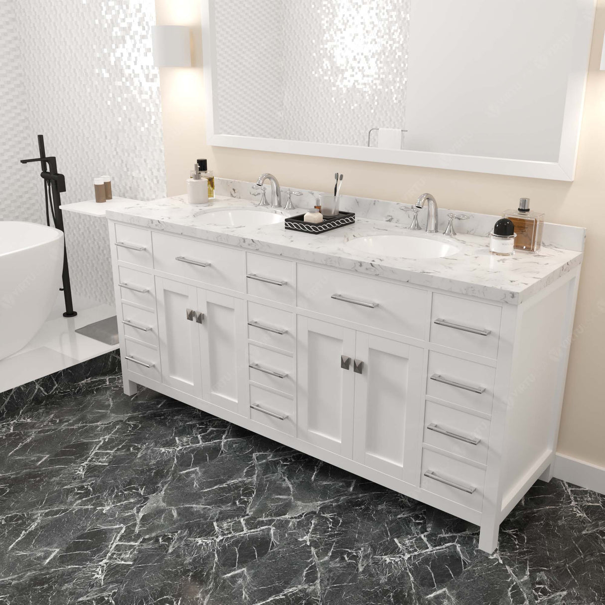 Virtu USA Caroline Parkway 72" Double Bath Vanity with White Quartz Top and Round Sinks with Matching Mirror