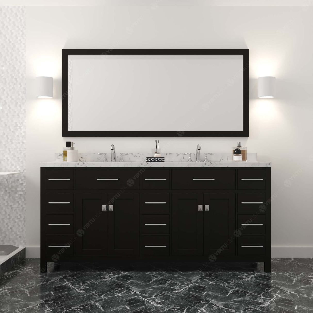 Virtu USA Caroline Parkway 72" Double Bath Vanity with White Quartz Top and Square Sinks with Polished Chrome Faucets with Matching Mirror