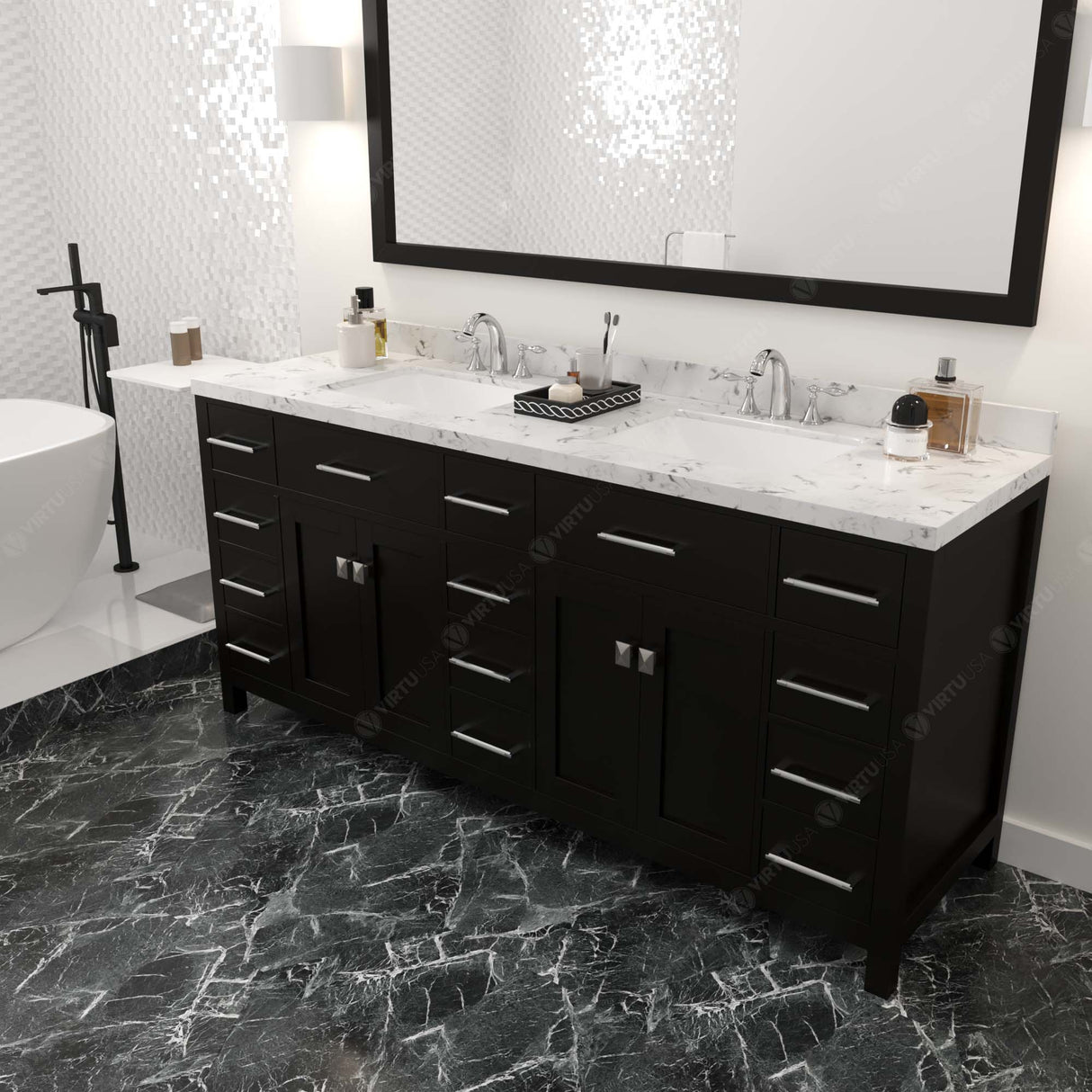 Virtu USA Caroline Parkway 72" Double Bath Vanity with White Quartz Top and Square Sinks with Polished Chrome Faucets with Matching Mirror