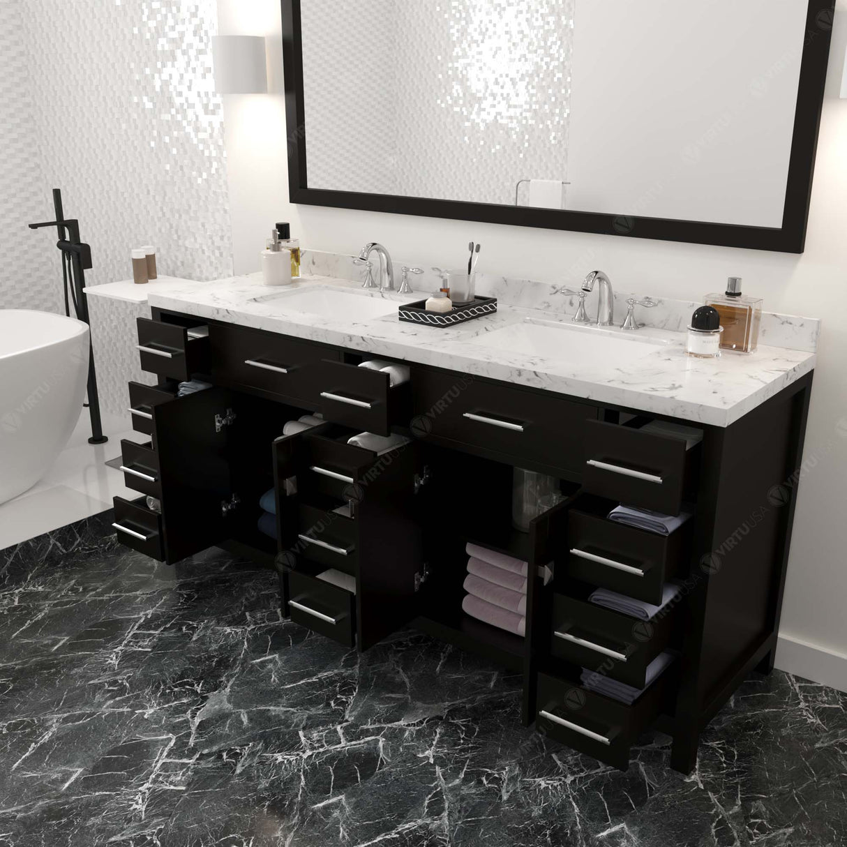 Virtu USA Caroline Parkway 72" Double Bath Vanity with White Quartz Top and Square Sinks with Polished Chrome Faucets with Matching Mirror