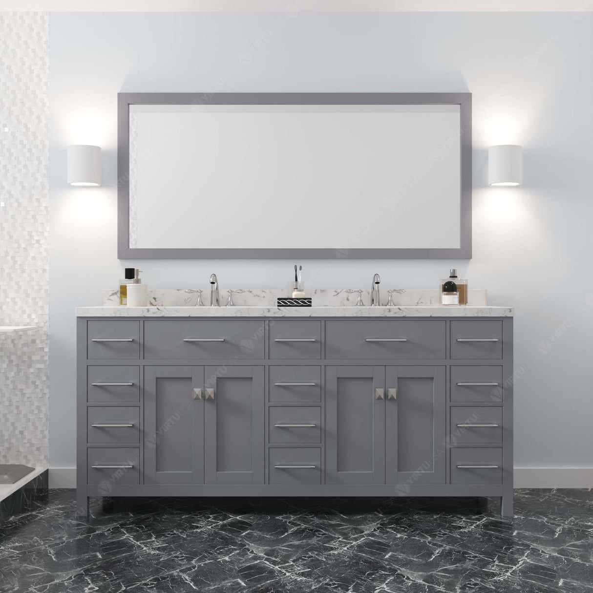 Virtu USA Caroline Parkway 72" Double Bath Vanity with White Quartz Top and Square Sinks with Polished Chrome Faucets with Matching Mirror