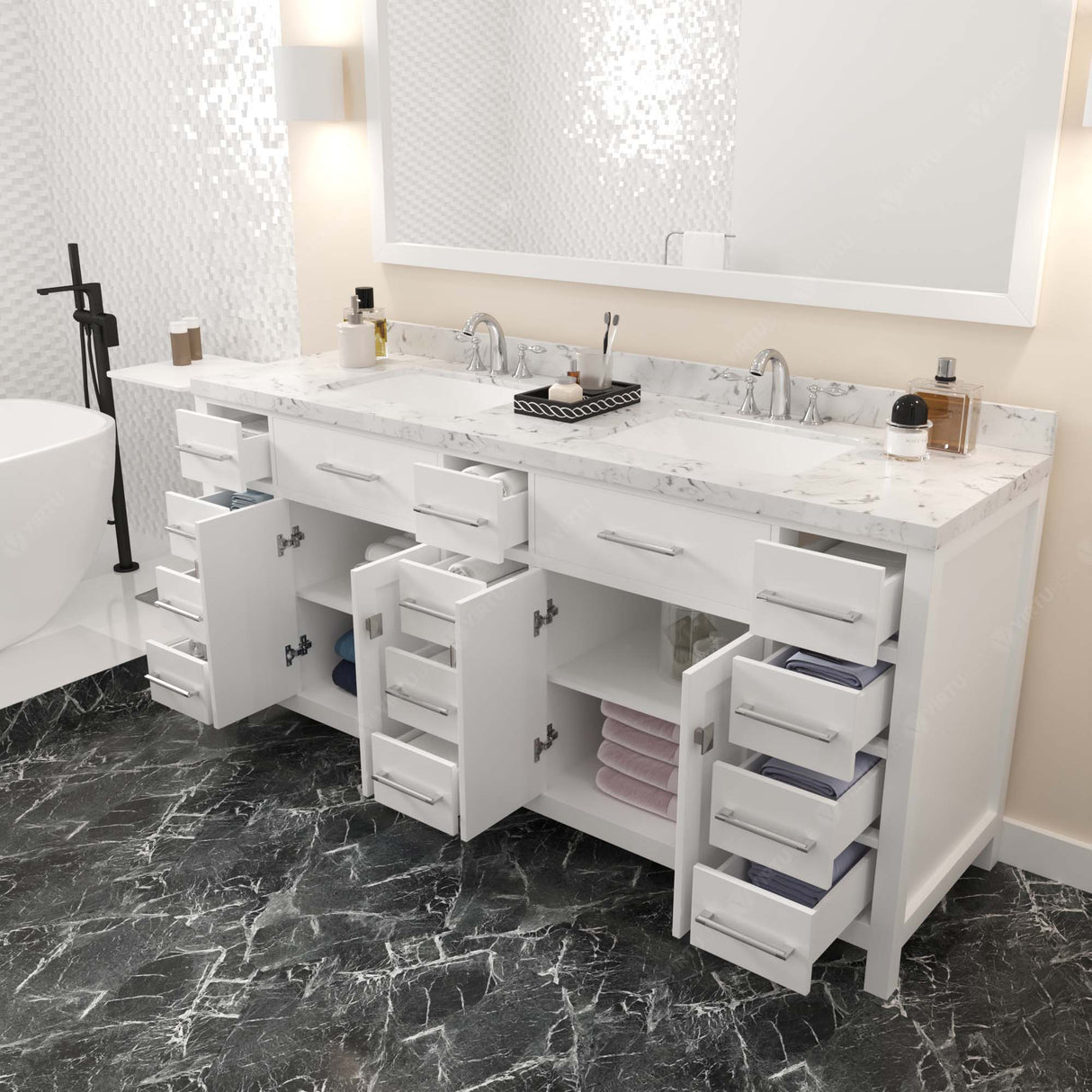 Virtu USA Caroline Parkway 72" Double Bath Vanity with White Quartz Top and Square Sinks with Brushed Nickel Faucets with Matching Mirror