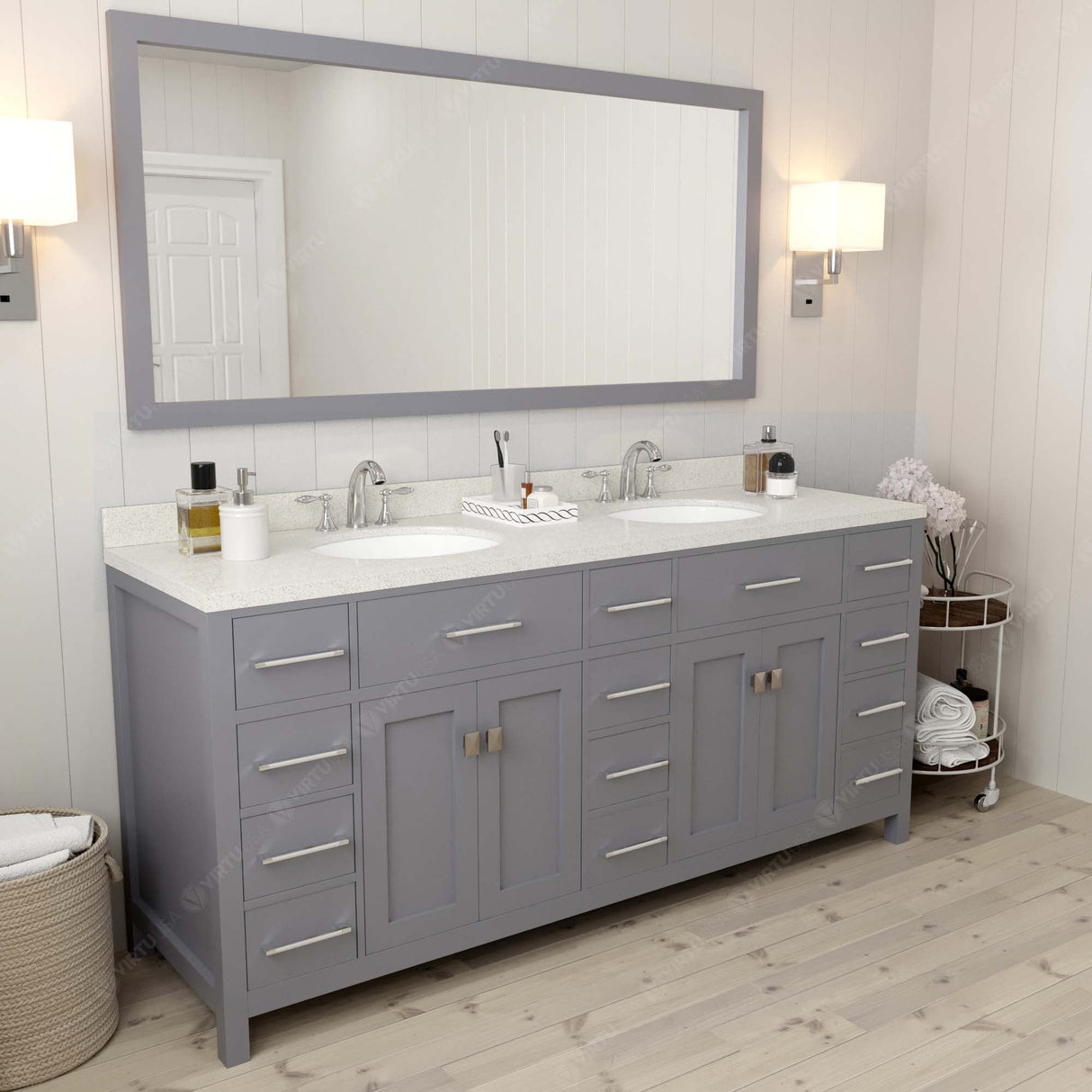 Virtu USA Caroline Parkway 72" Double Bath Vanity with Dazzle White Top and Round Sinks with Matching Mirror