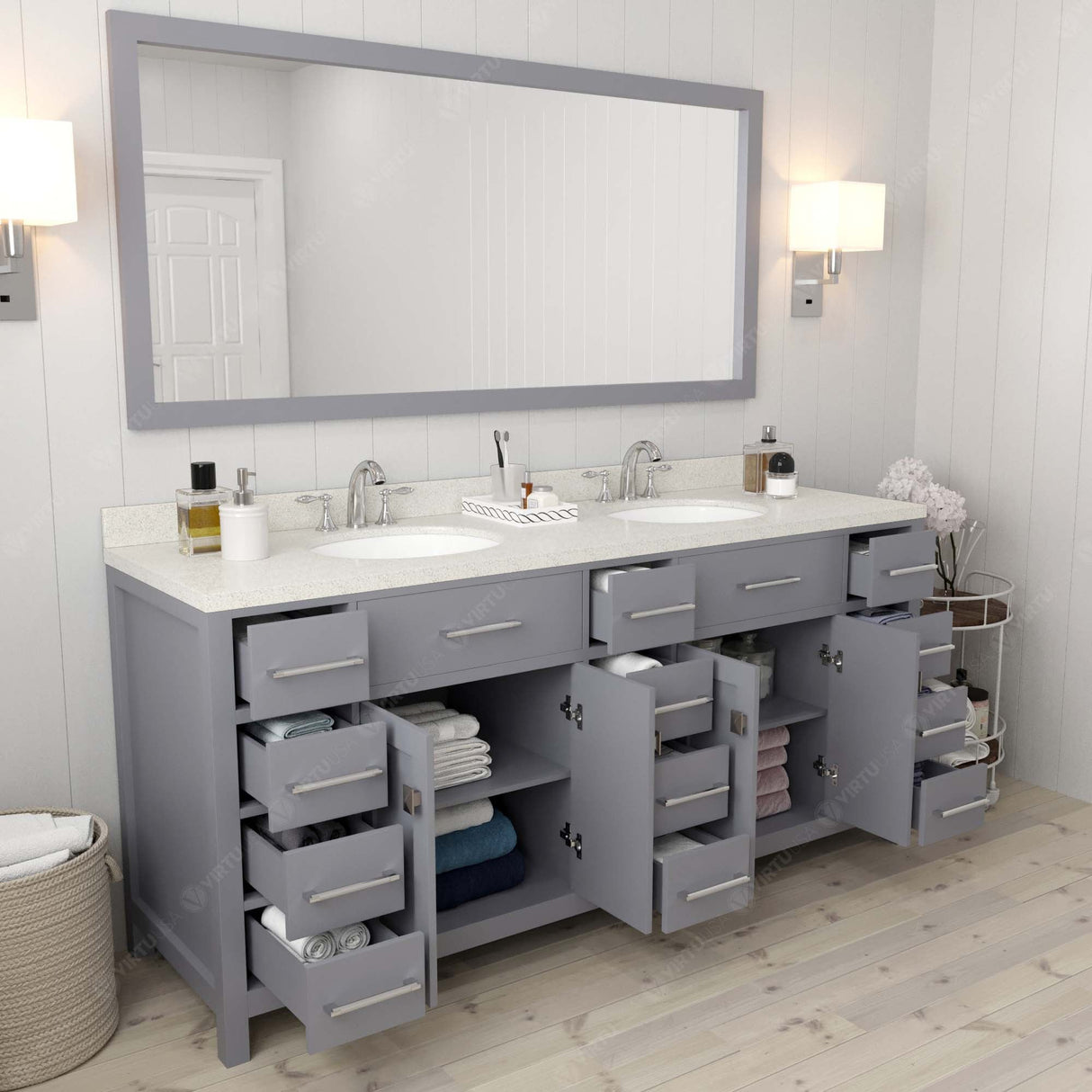 Virtu USA Caroline Parkway 72" Double Bath Vanity with Dazzle White Top and Round Sinks with Matching Mirror