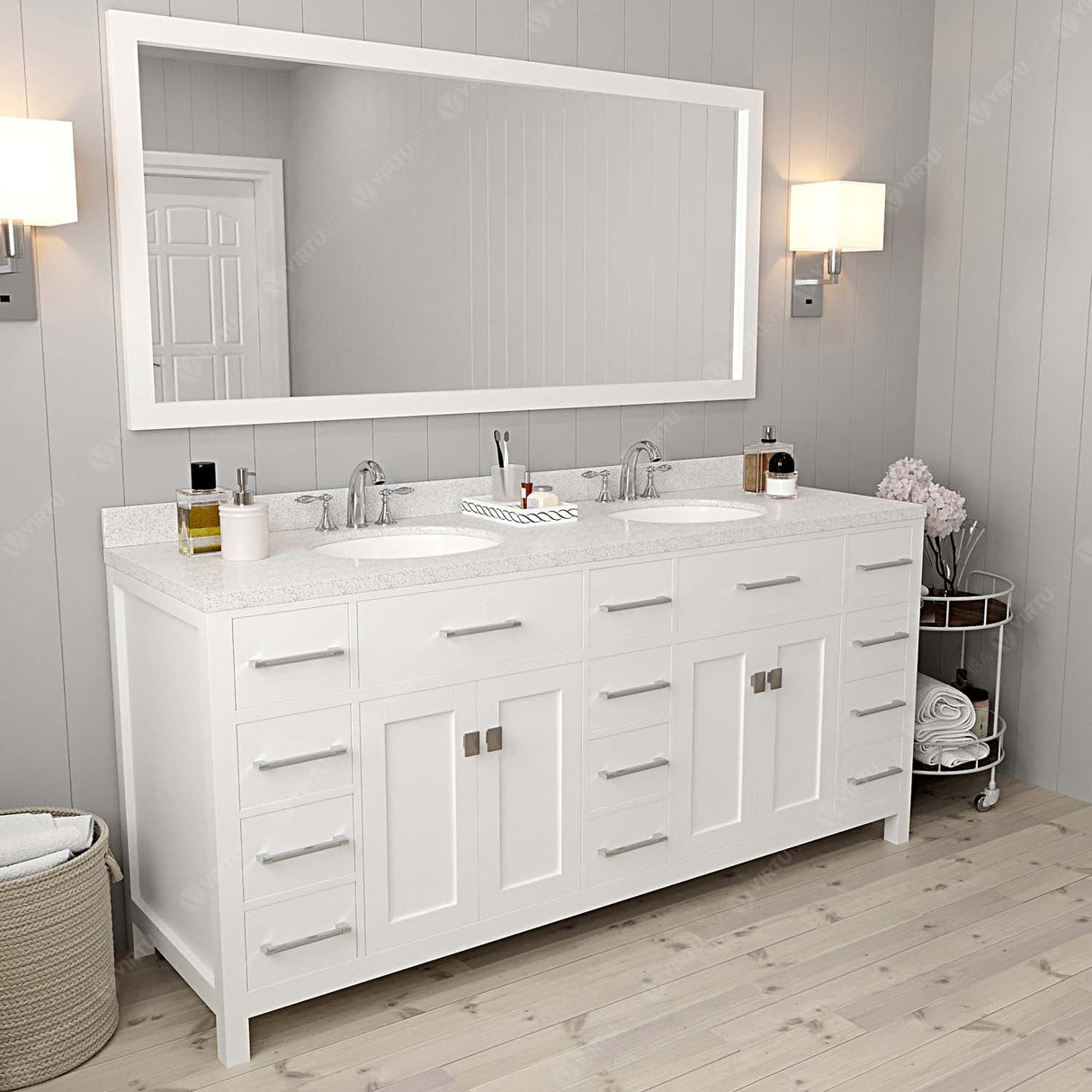 Virtu USA Caroline Parkway 72" Double Bath Vanity with Dazzle White Top and Round Sinks with Brushed Nickel Faucets with Matching Mirror