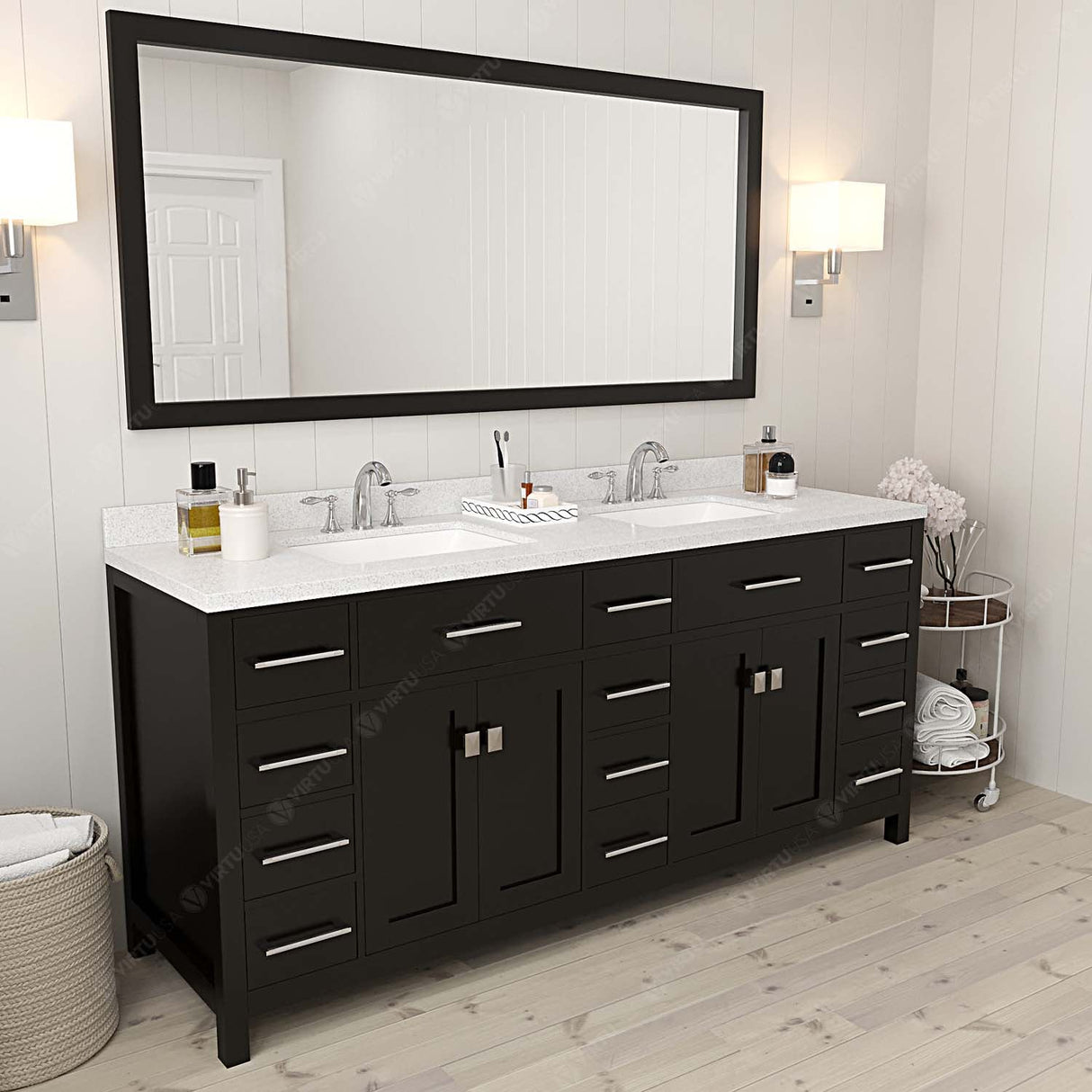 Virtu USA Caroline Parkway 72" Double Bath Vanity with Dazzle White Quartz Top and Square Sinks with Polished Chrome Faucets with Matching Mirror