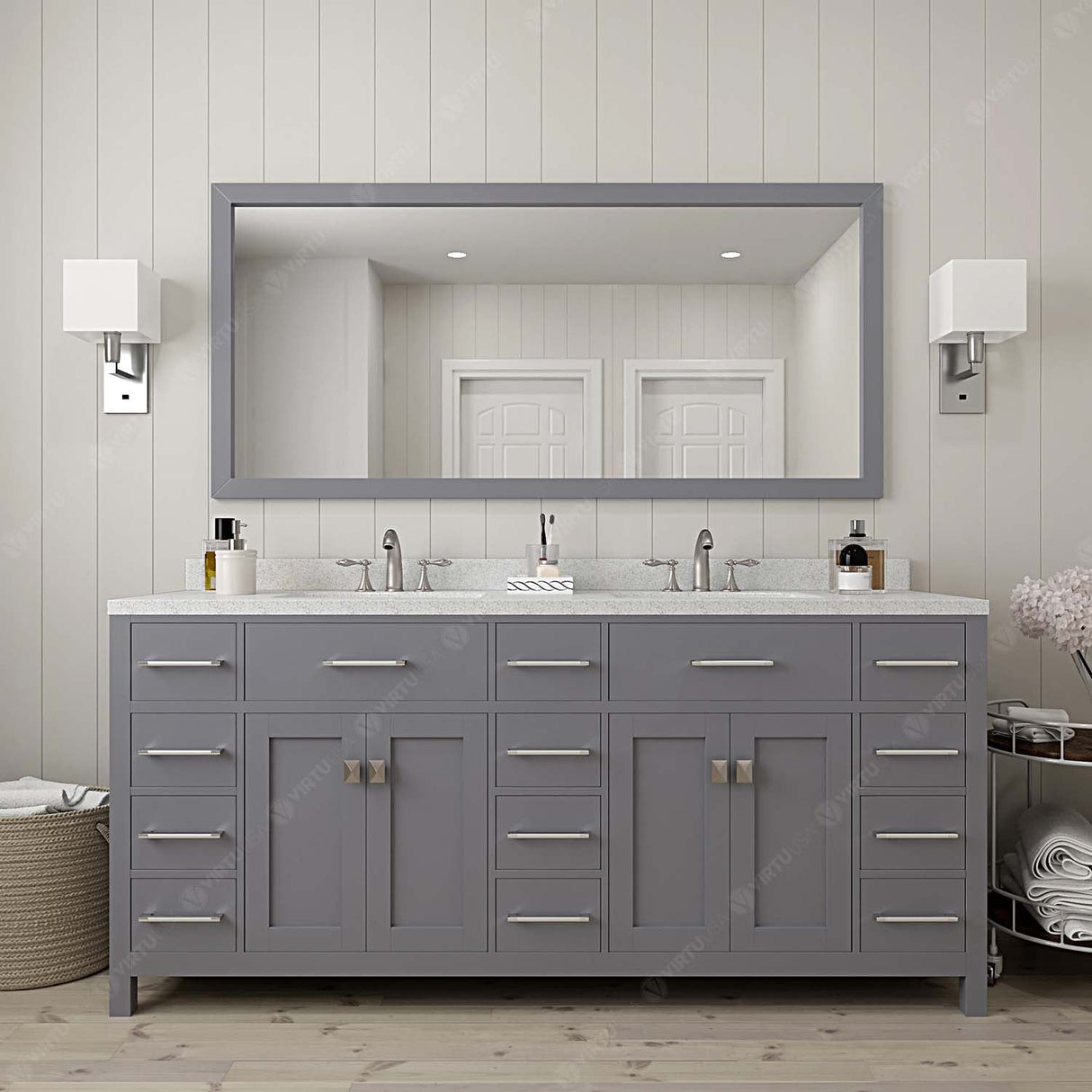 Virtu USA Caroline Parkway 72" Double Bath Vanity with Dazzle White Top and Square Sink with Brushed Nickel Faucet and Mirror - Luxe Bathroom Vanities Luxury Bathroom Fixtures Bathroom Furniture