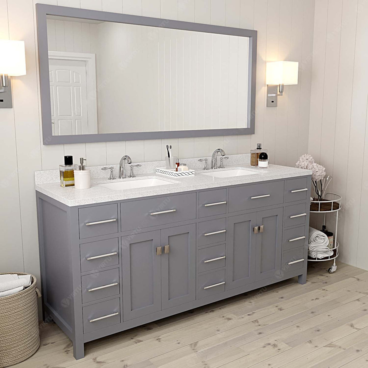 Virtu USA Caroline Parkway 72" Double Bath Vanity with Dazzle White Top and Square Sinks with Brushed Nickel Faucets with Matching Mirror