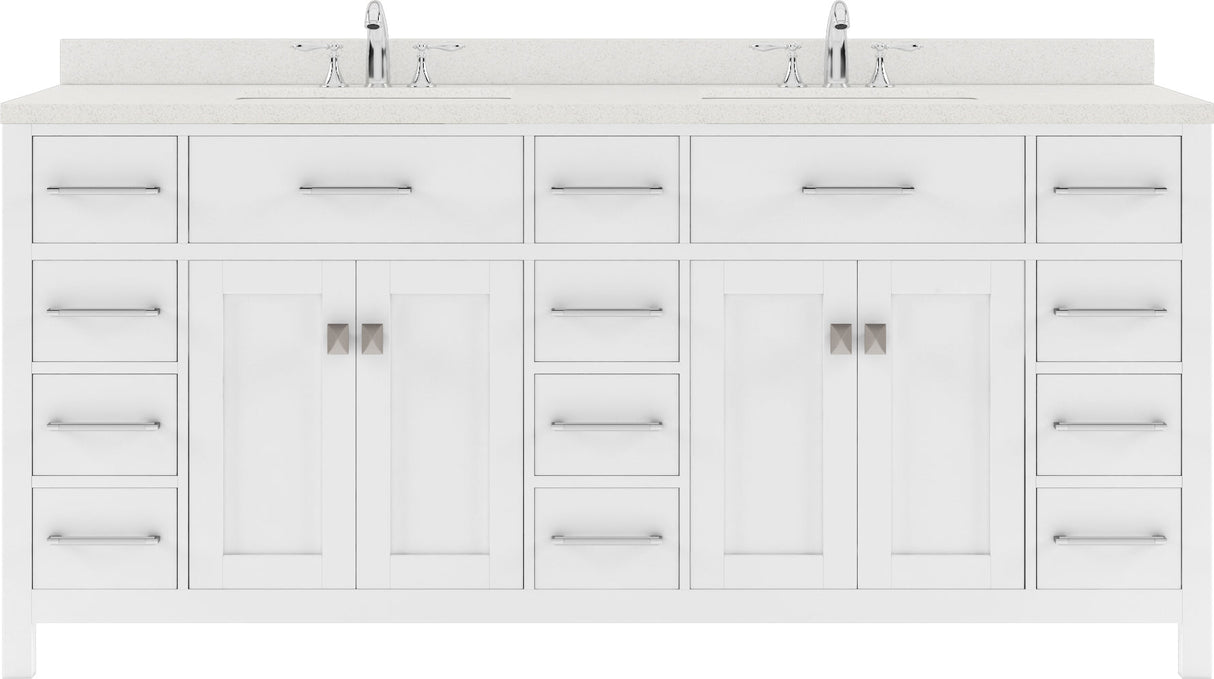 Virtu USA Caroline Parkway 72" Double Bath Vanity with Dazzle White Quartz Top and Square Sinks with Polished Chrome Faucets with Matching Mirror