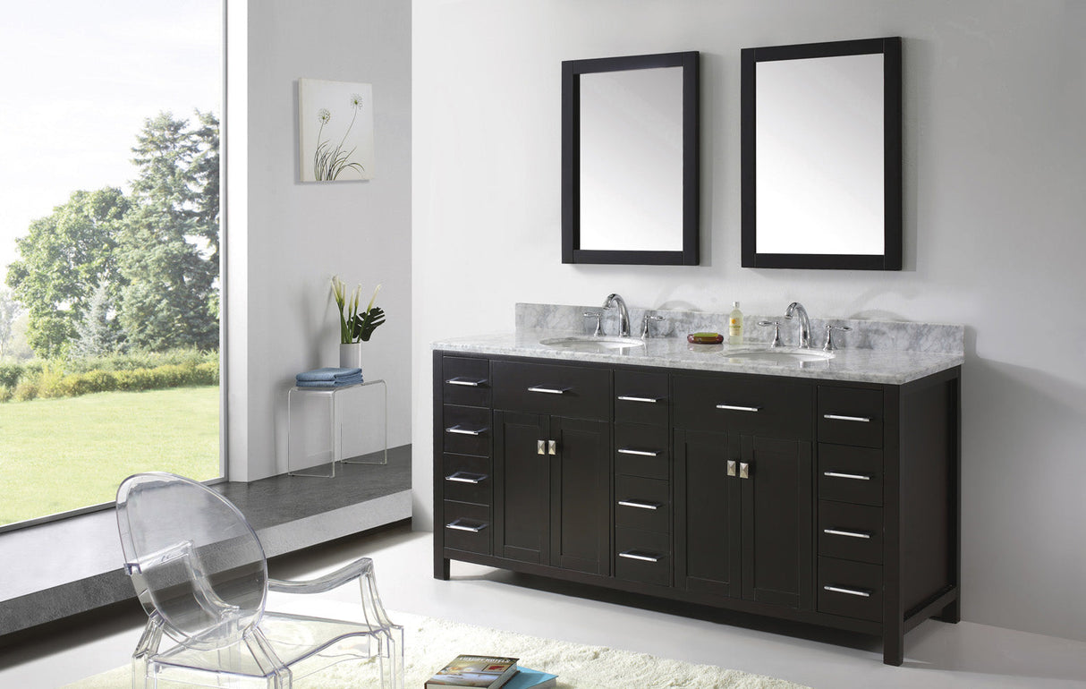 Virtu USA Caroline Parkway 72" Double Bath Vanity with White Marble Top and Round Sinks with Matching Mirror