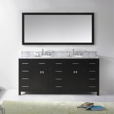 Virtu USA Caroline Parkway 72" Double Bath Vanity with Italian Carrara White Marble Top and Round Sinks with Matching Mirror