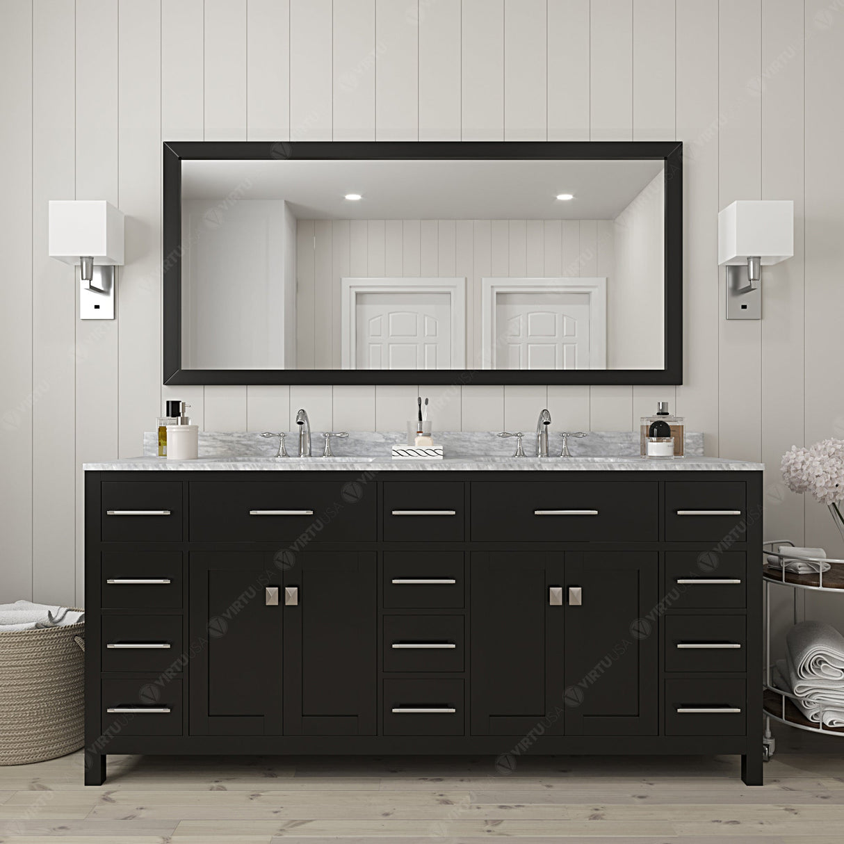 Virtu USA Caroline Parkway 72" Double Bath Vanity with White Marble Top and Round Sinks with Polished Chrome Faucets with Matching Mirror