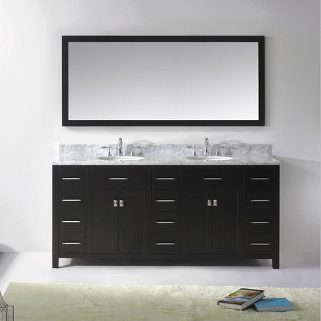 Virtu USA Caroline Parkway 72" Double Bath Vanity with White Marble Top and Round Sinks with Brushed Nickel Faucets with Matching Mirror