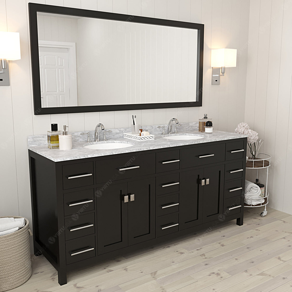 Virtu USA Caroline Parkway 72" Double Bath Vanity with White Marble Top and Round Sinks with Brushed Nickel Faucets with Matching Mirror