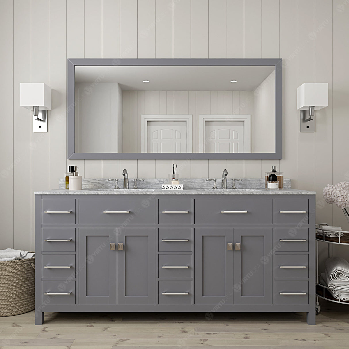 Virtu USA Caroline Parkway 72" Double Bath Vanity with White Marble Top and Round Sinks with Brushed Nickel Faucets with Matching Mirror