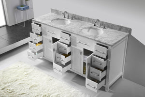 Virtu USA Caroline Parkway 72" Double Bath Vanity with Italian Carrara White Marble Top and Round Sinks with Matching Mirror