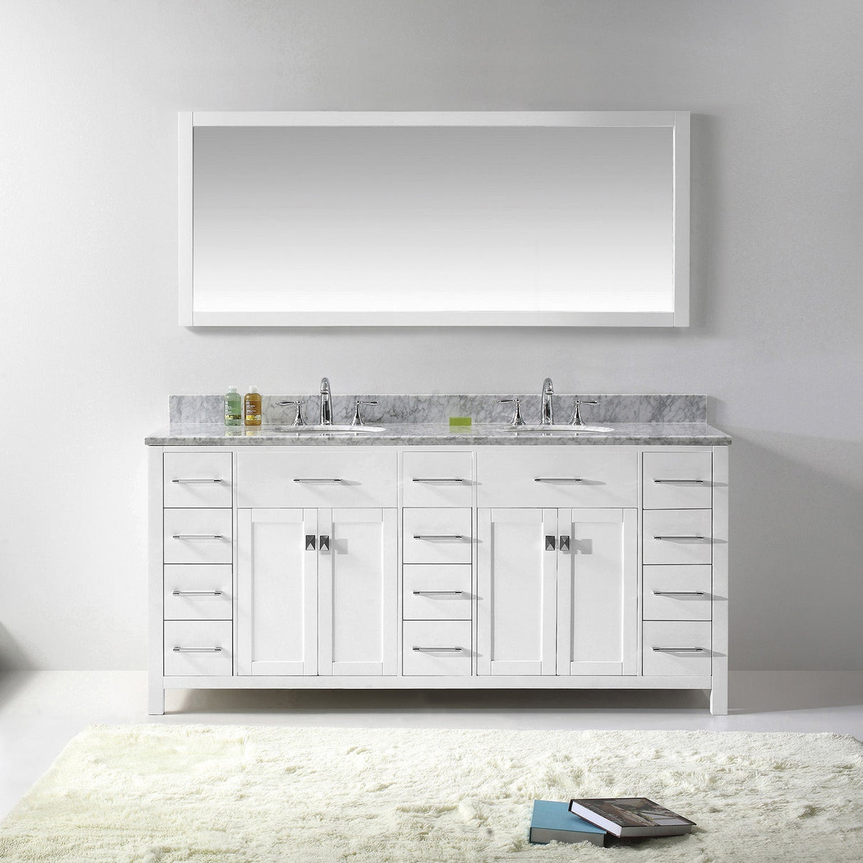 Virtu USA Caroline Parkway 72" Double Bath Vanity with White Marble Top and Round Sinks with Polished Chrome Faucets with Matching Mirror