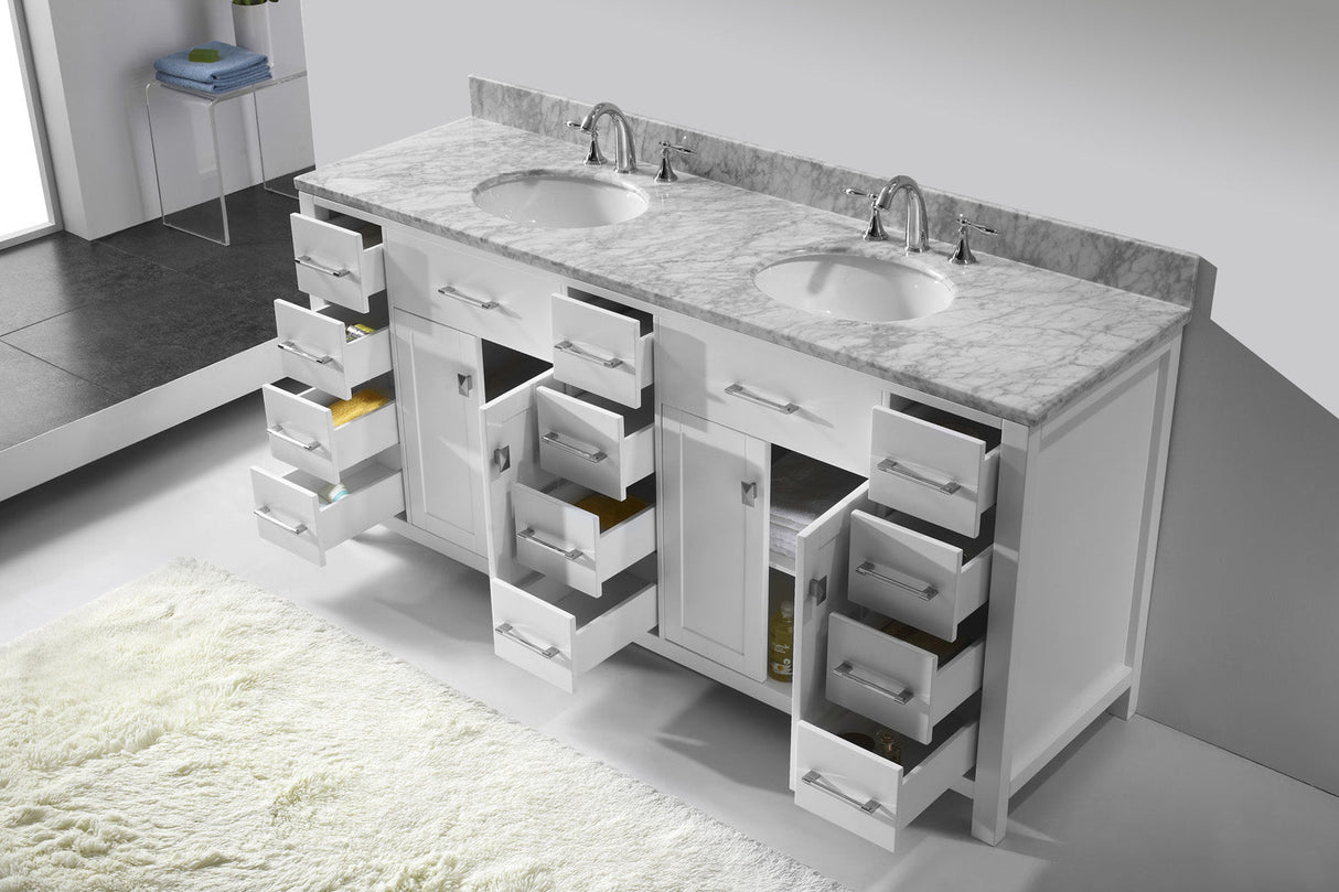 Virtu USA Caroline Parkway 72" Double Bath Vanity with White Marble Top and Round Sinks with Brushed Nickel Faucets with Matching Mirror