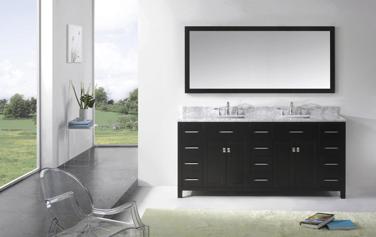 Virtu USA Caroline Parkway 72" Double Bath Vanity with White Marble Top and Square Sinks with Brushed Nickel Faucets with Matching Mirror