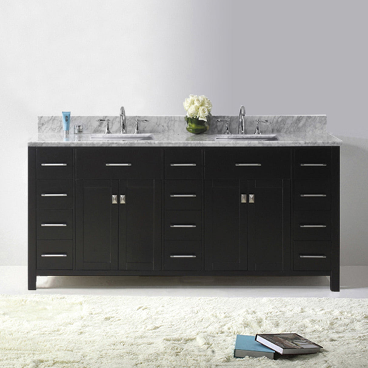 Virtu USA Caroline Parkway 72" Double Bath Vanity with White Marble Top and Square Sinks