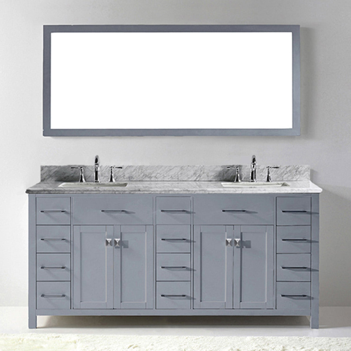 Virtu USA Caroline Parkway 72" Double Bath Vanity with White Marble Top and Square Sinks with Brushed Nickel Faucets with Matching Mirror