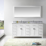 Virtu USA Caroline Parkway 72" Double Bath Vanity with White Marble Top and Square Sinks with Brushed Nickel Faucets with Matching Mirror