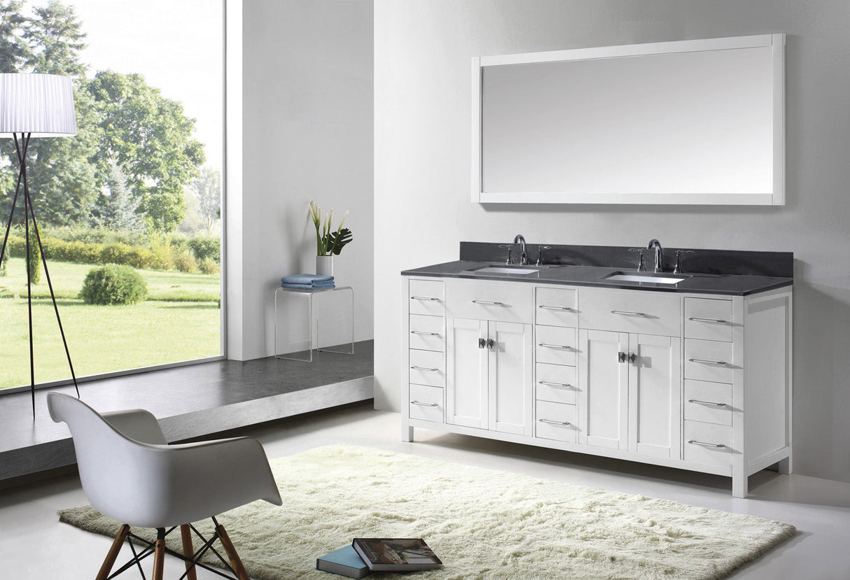 Virtu USA Caroline Parkway 72" Double Bath Vanity with White Marble Top and Square Sinks with Brushed Nickel Faucets with Matching Mirror