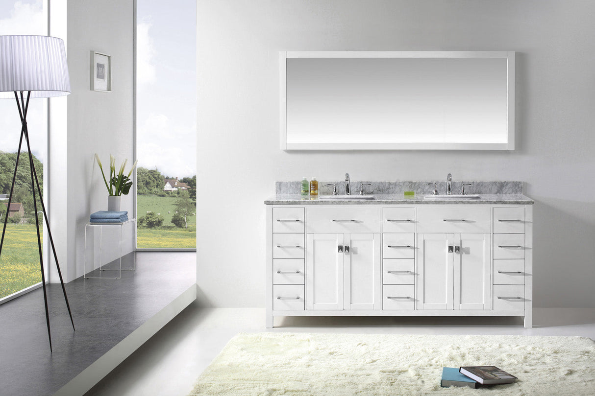 Virtu USA Caroline Parkway 72" Double Bath Vanity with White Marble Top and Square Sinks with Polished Chrome Faucets with Matching Mirror