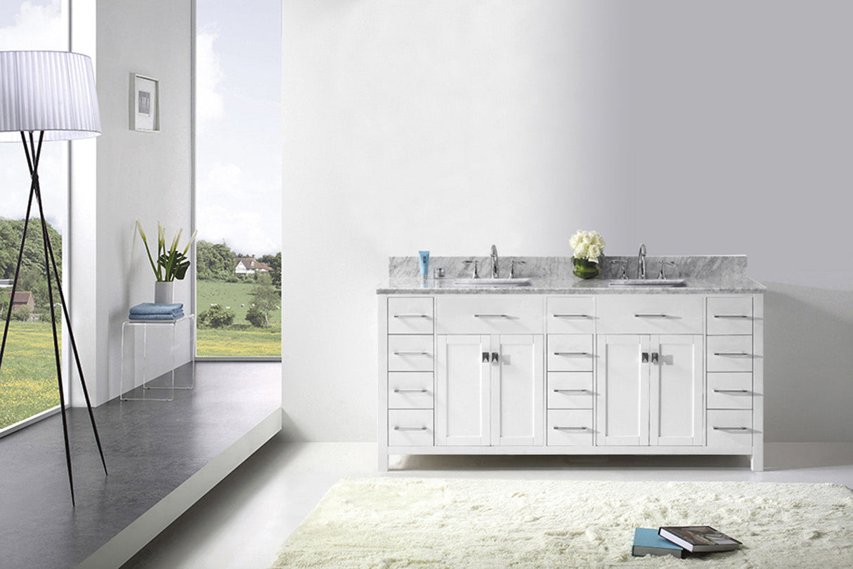 Virtu USA Caroline Parkway 72" Double Bath Vanity with White Marble Top and Square Sinks