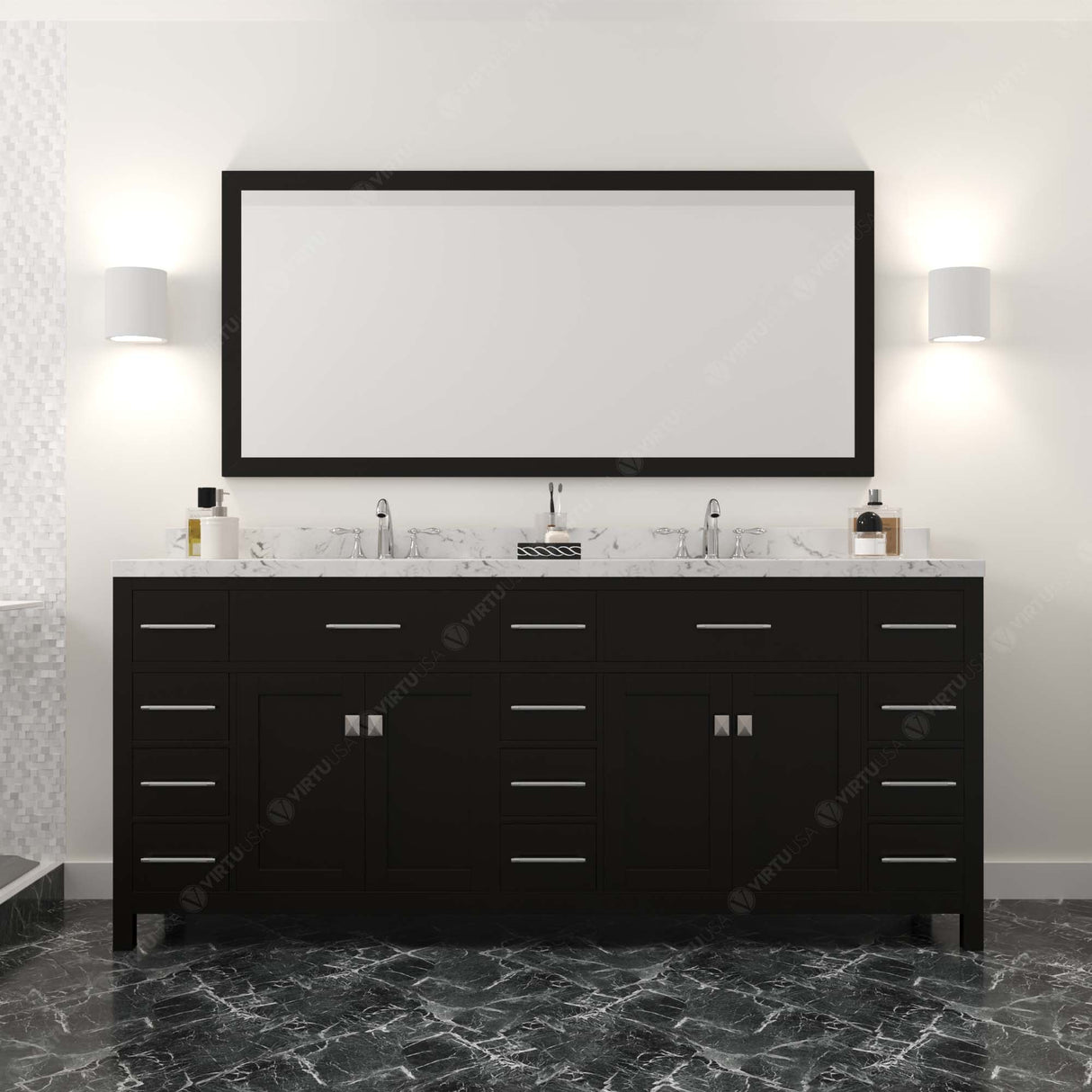 Virtu USA Caroline Parkway 78" Double Bath Vanity with White Quartz Top and Round Sinks with Polished Chrome Faucets with Matching Mirror