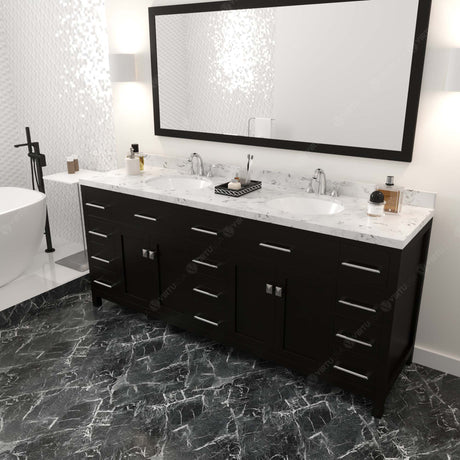 Virtu USA Caroline Parkway 78" Double Bath Vanity with White Quartz Top and Round Sinks with Polished Chrome Faucets with Matching Mirror
