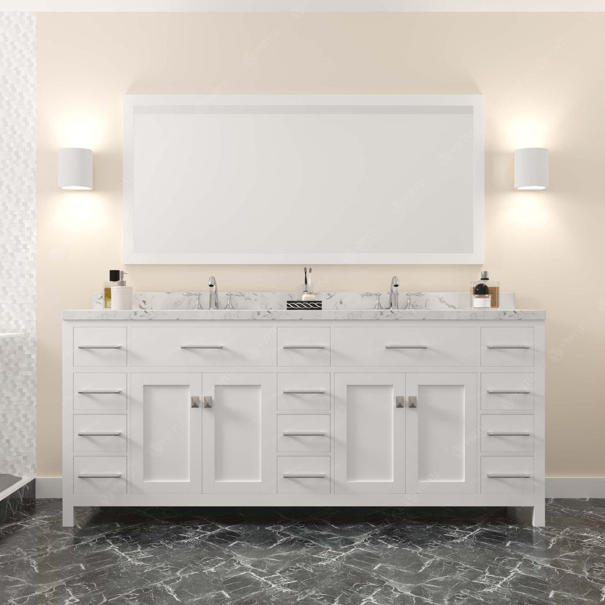 Virtu USA Caroline Parkway 78" Double Bath Vanity with White Quartz Top and Round Sinks with Matching Mirror