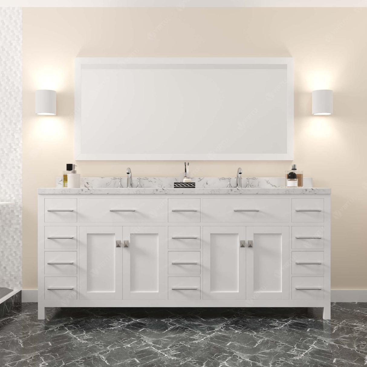 Virtu USA Caroline Parkway 78" Double Bath Vanity with White Quartz Top and Round Sinks with Polished Chrome Faucets with Matching Mirror