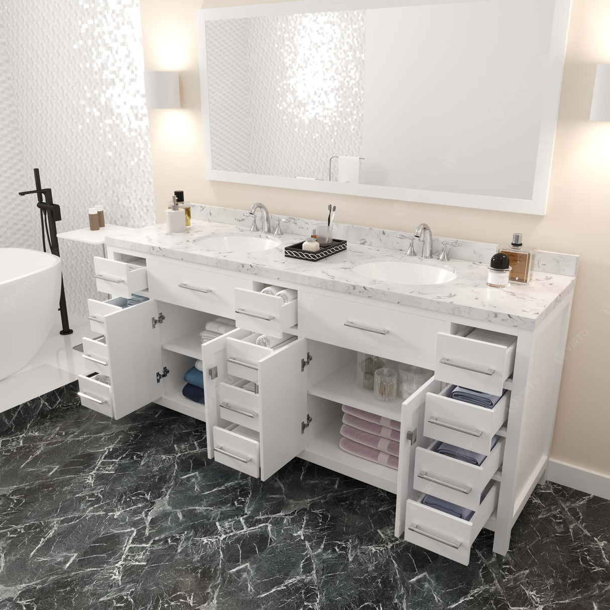 Virtu USA Caroline Parkway 78" Double Bath Vanity with White Quartz Top and Round Sinks with Polished Chrome Faucets with Matching Mirror