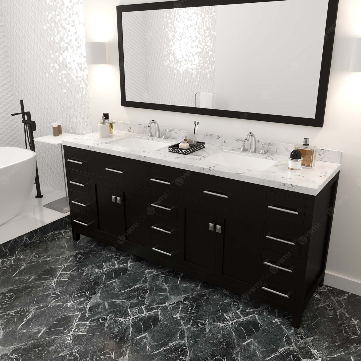 Virtu USA Caroline Parkway 78" Double Bath Vanity with White Quartz Top and Square Sinks with Matching Mirror