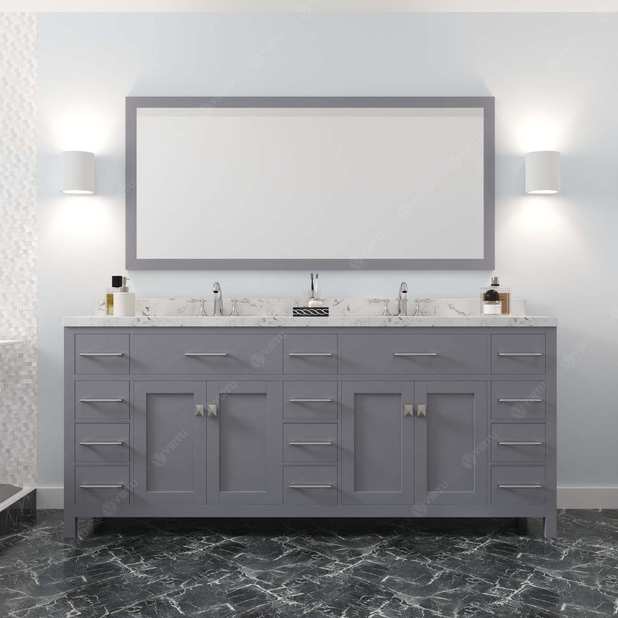 Virtu USA Caroline Parkway 78" Double Bath Vanity with White Quartz Top and Square Sinks with Matching Mirror