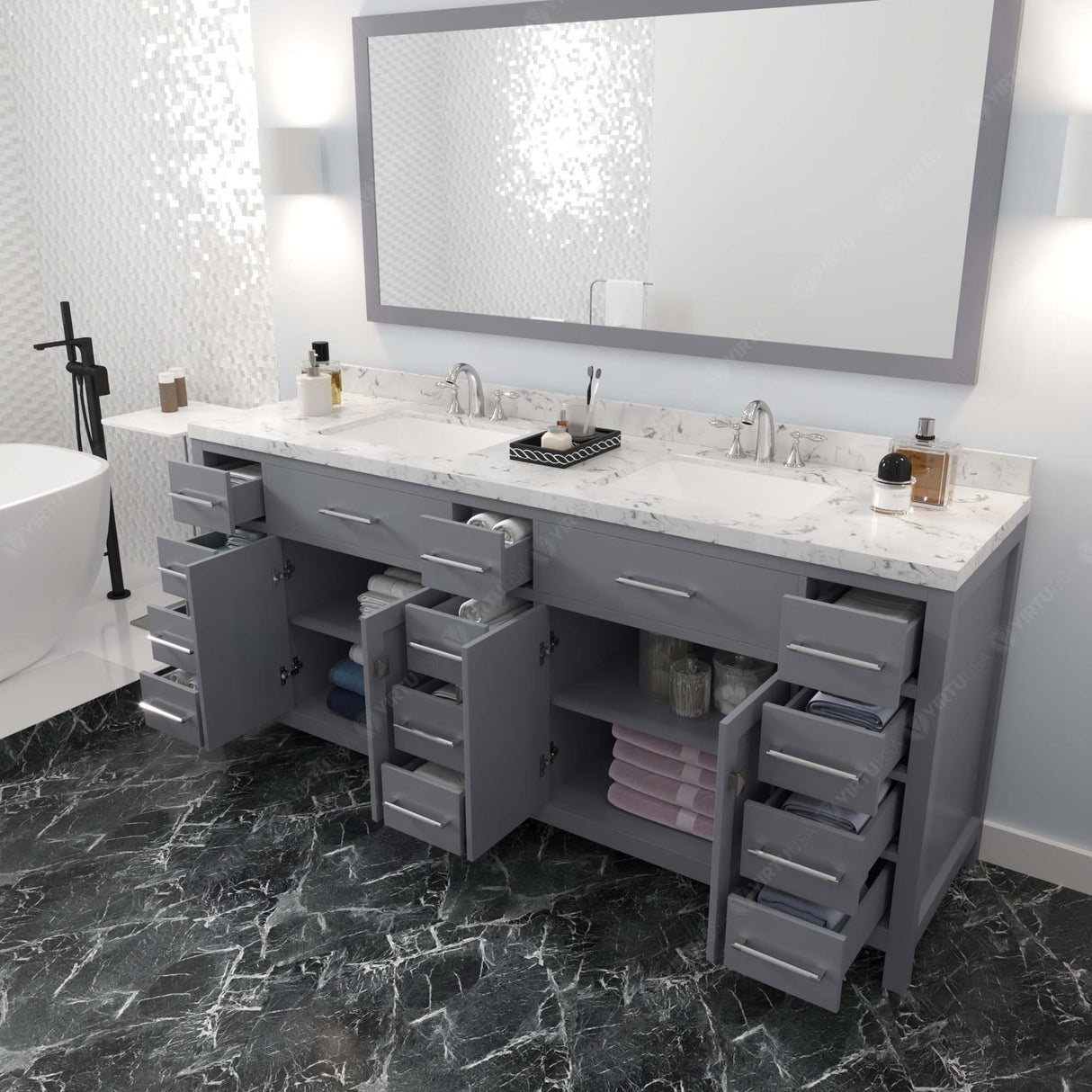 Virtu USA Caroline Parkway 78" Double Bath Vanity with White Quartz Top and Square Sinks with Matching Mirror