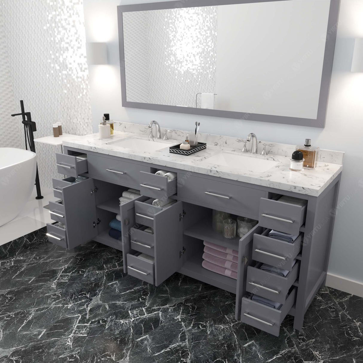 Virtu USA Caroline Parkway 78" Double Bath Vanity with White Quartz Top and Square Sinks with Polished Chrome Faucets with Matching Mirror