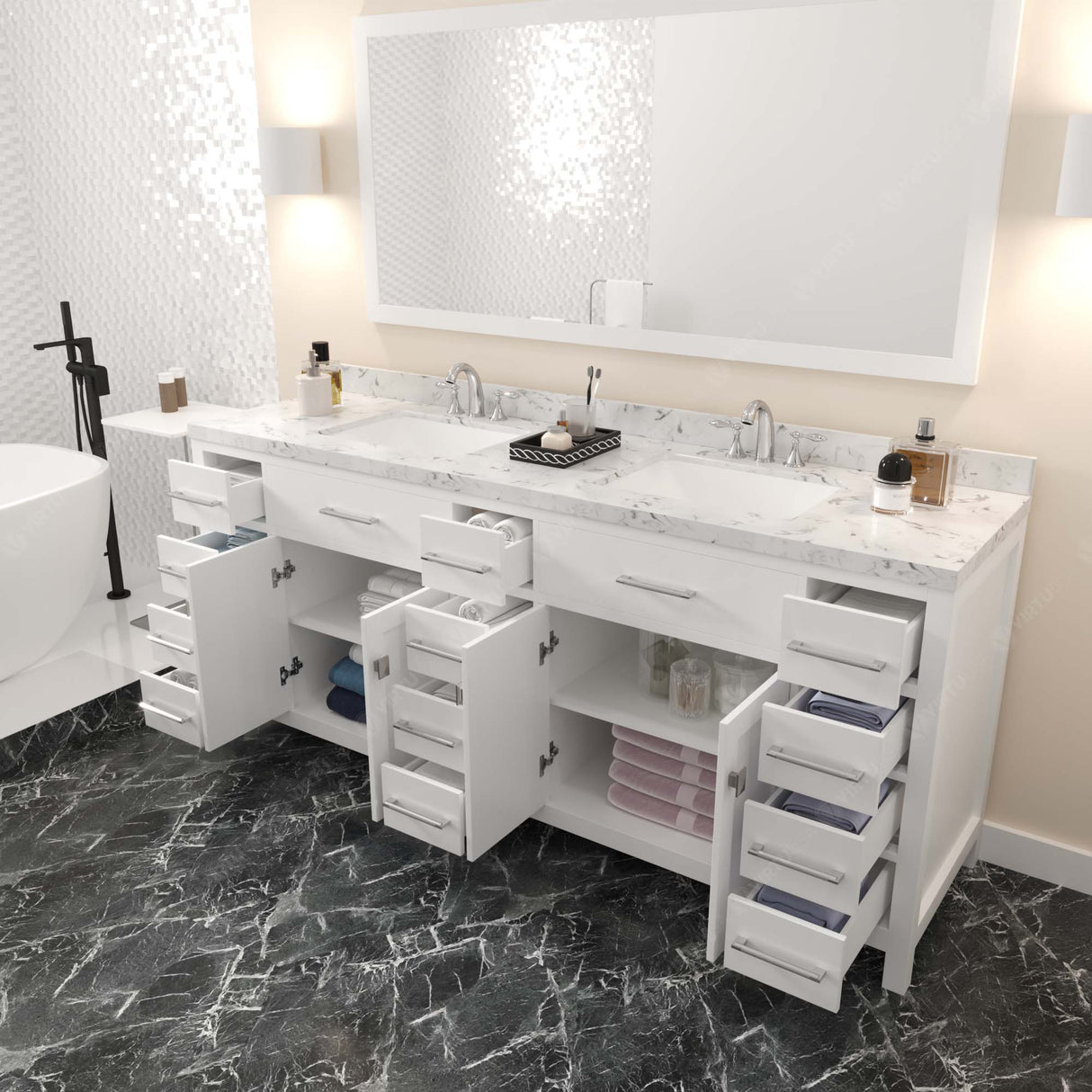 Virtu USA Caroline Parkway 78" Double Bath Vanity with White Quartz Top and Square Sinks with Matching Mirror